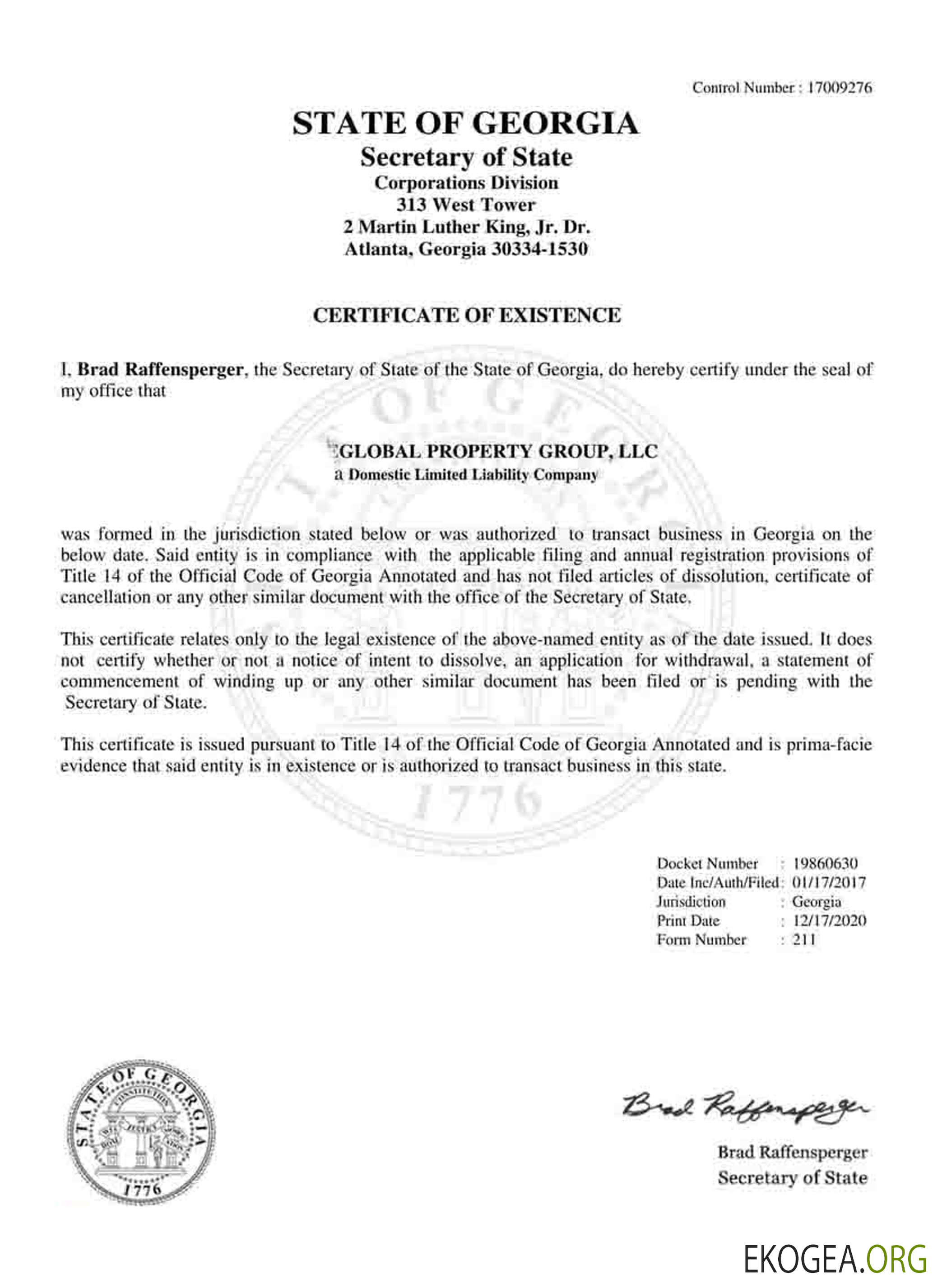 Certificat de bonne réputation des États Unis et de la Géorgie